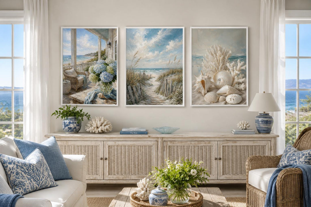 Three-piece framed coastal wall art set featuring a beach porch, dunes, and seashells.