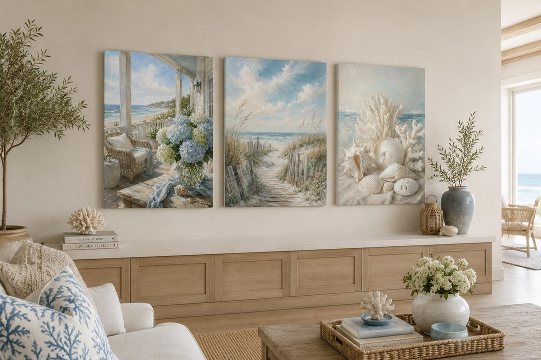 Three-piece coastal wall art set featuring a beach porch, sandy path, and seashells on a wall.