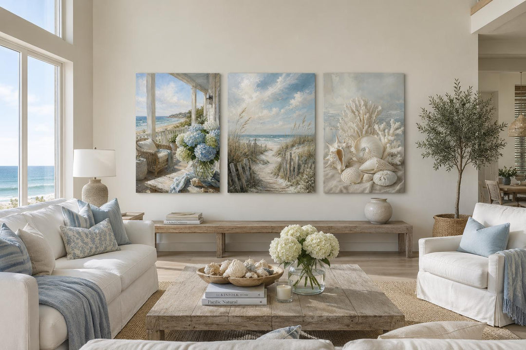 Three-piece coastal wall art set featuring a beach porch, sandy dunes, and seashells in a room.