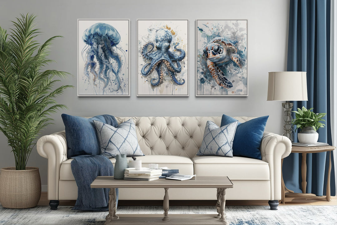 Beach House Wall Art - 3 Piece Marine Animals Octopus, Sea Turtle, Jellyfish