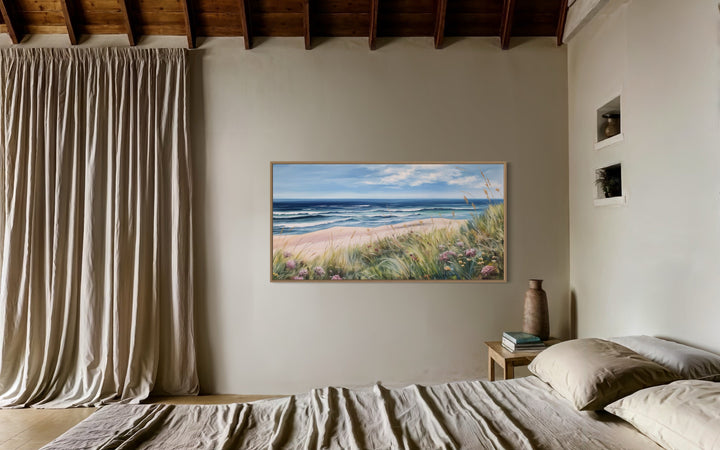 Beach Landscape With Grass Framed Canvas Wall Art