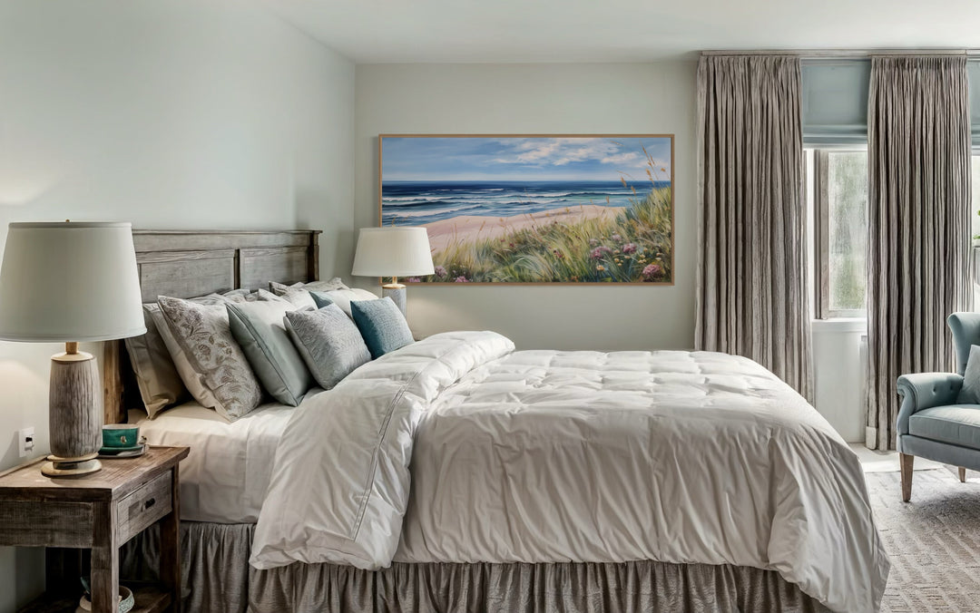 Beach Landscape With Grass Framed Canvas Wall Art