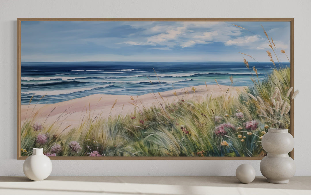 Beach Landscape With Grass Framed Canvas Wall Art