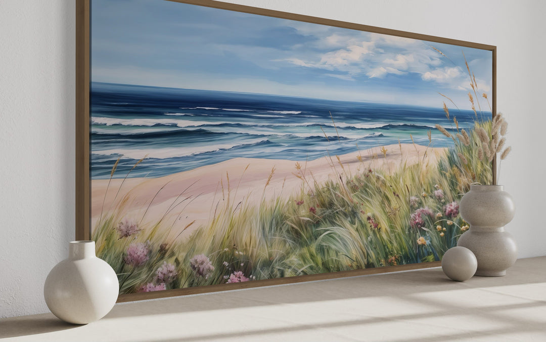 Beach Landscape With Grass Framed Canvas Wall Art