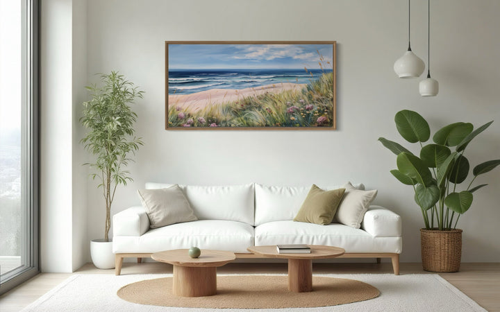 Beach Landscape With Grass Framed Canvas Wall Art