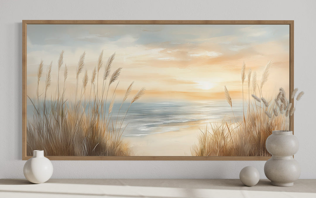 Beach Pampas Grass Art – Neutral Boho Wall Art | Framed Coastal Canvas Print