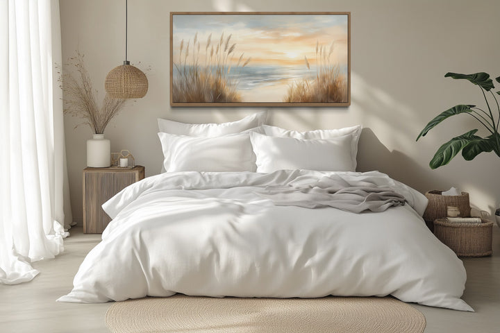 Beach Pampas Grass Art – Neutral Boho Wall Art | Framed Coastal Canvas Print