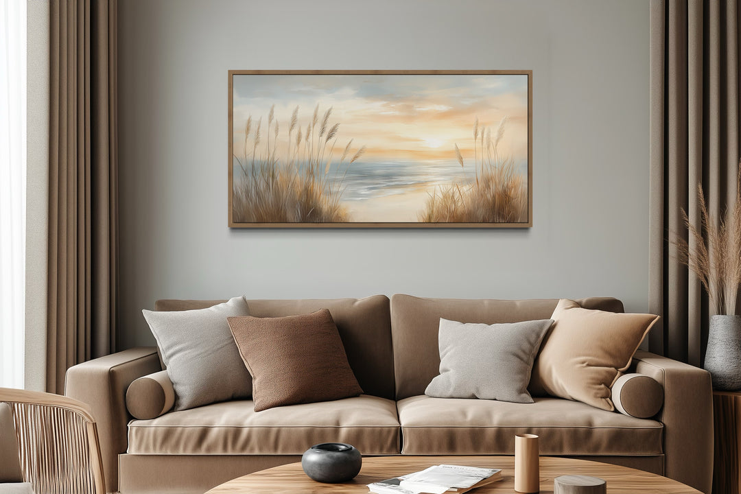 Beach Pampas Grass Art – Neutral Boho Wall Art | Framed Coastal Canvas Print