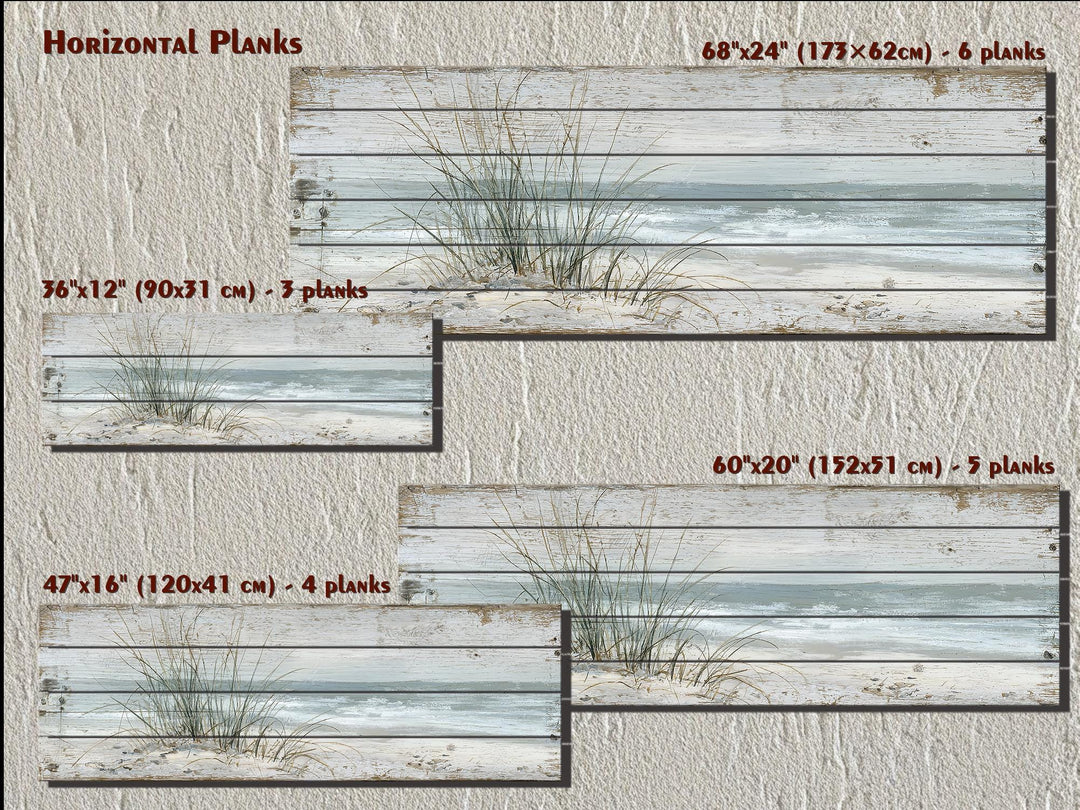 Coastal beach sand dunes and sea grass art printed on horizontal wooden planks in four sizes.