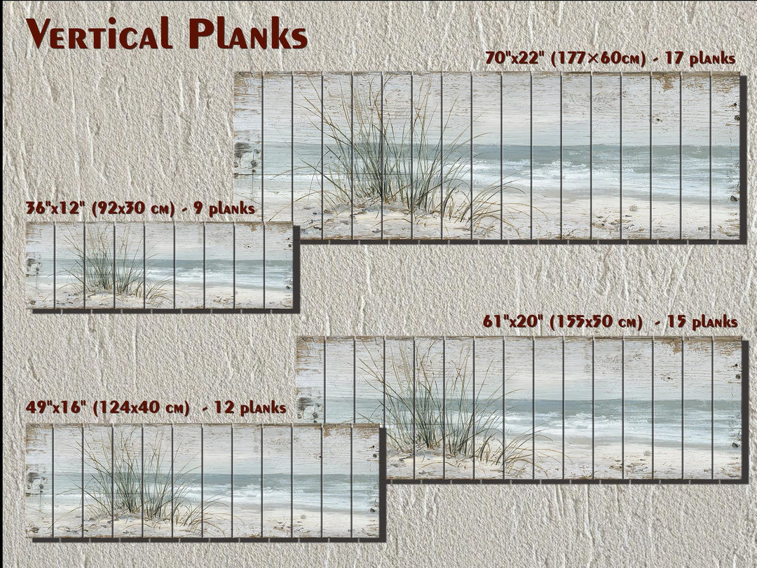 Coastal beach sand dunes and sea grass art printed on vertical wood planks in four size options.