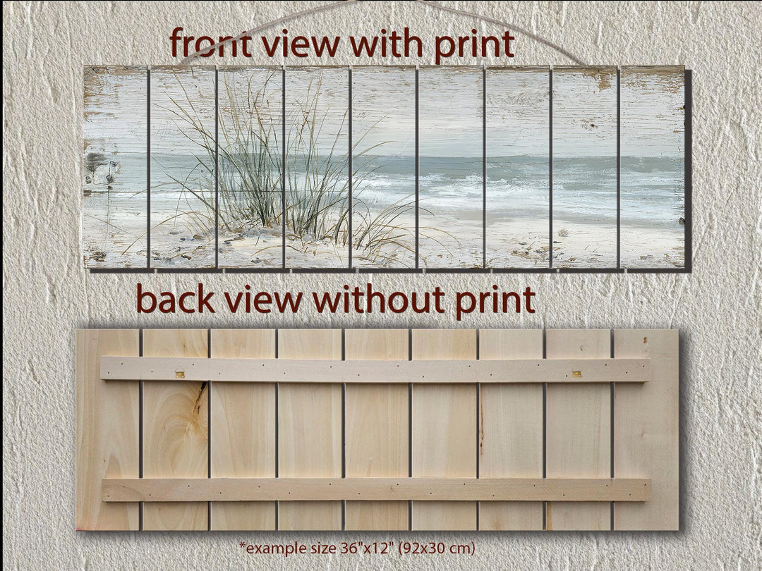Beach sand dunes and sea grass printed on horizontal wooden planks for coastal wall decor.