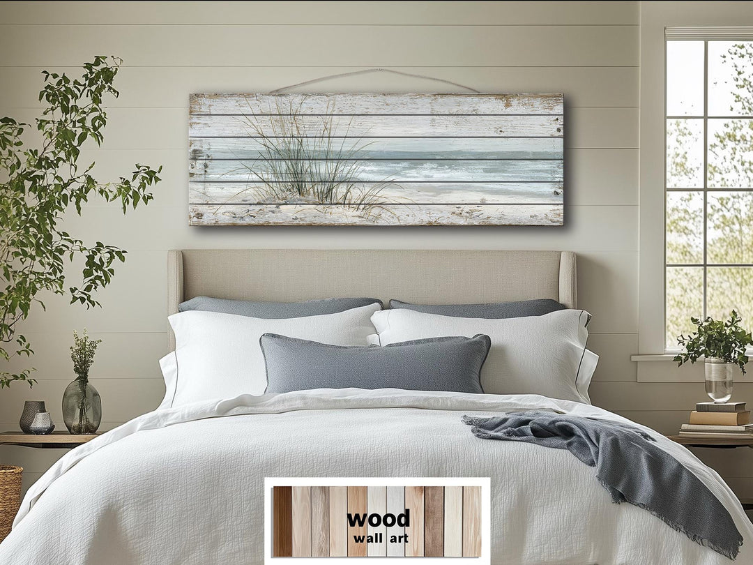 Long narrow wood wall art featuring beach sand dunes and sea grass for coastal home decor.