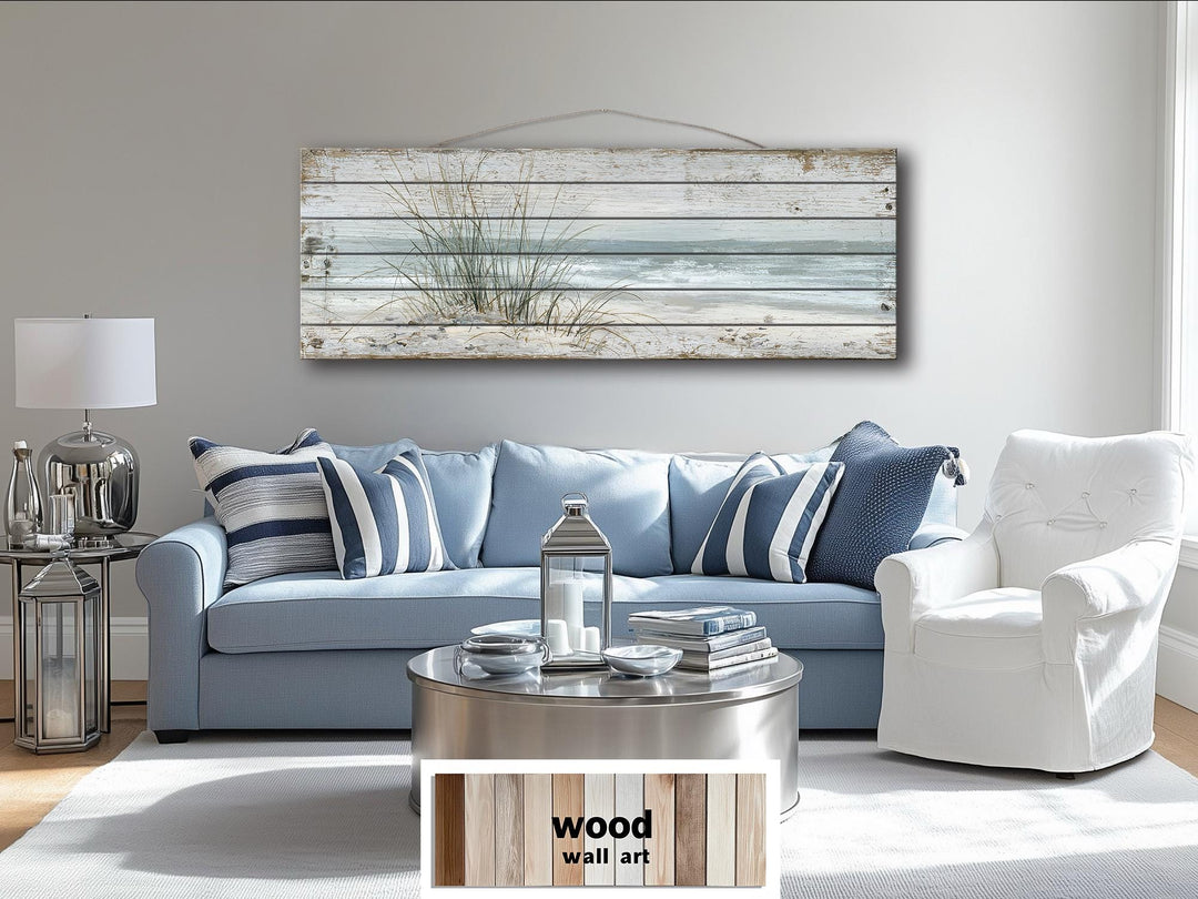 Beach sand dunes and sea grass printed on a long narrow horizontal wood plank wall art piece.