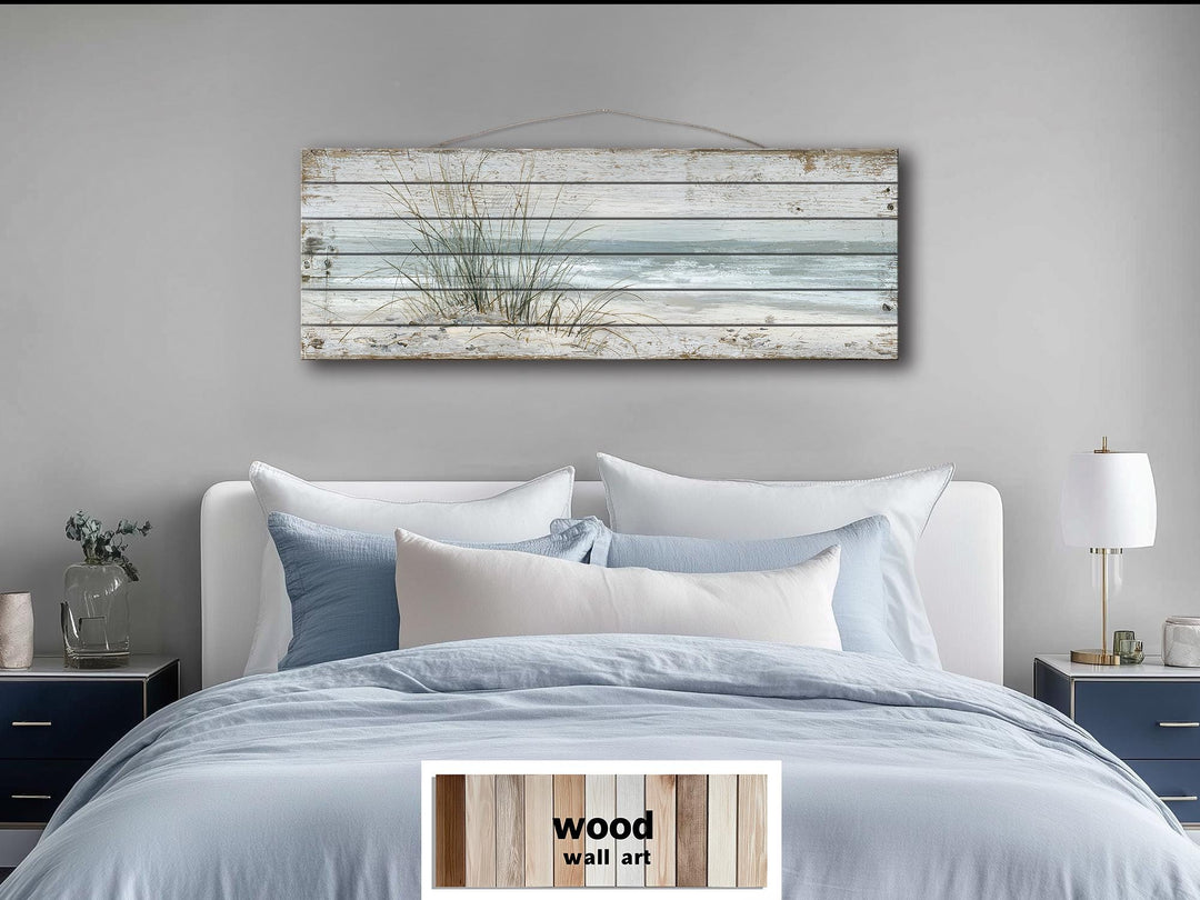 Beach sand dunes and sea grass long narrow wood wall art for coastal wall decor.