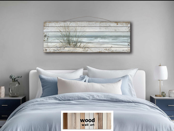 Beach sand dunes and sea grass long narrow wood wall art for coastal wall decor.