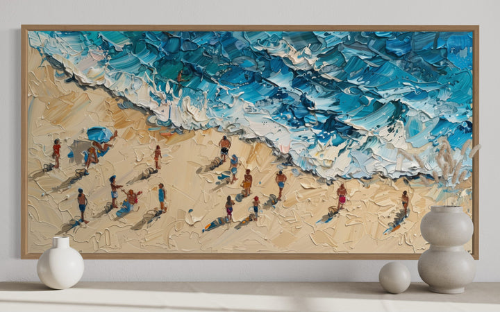 Beach Scene Vibrant Impressionist Coastal Painting with Figures Framed Canvas Wall Art