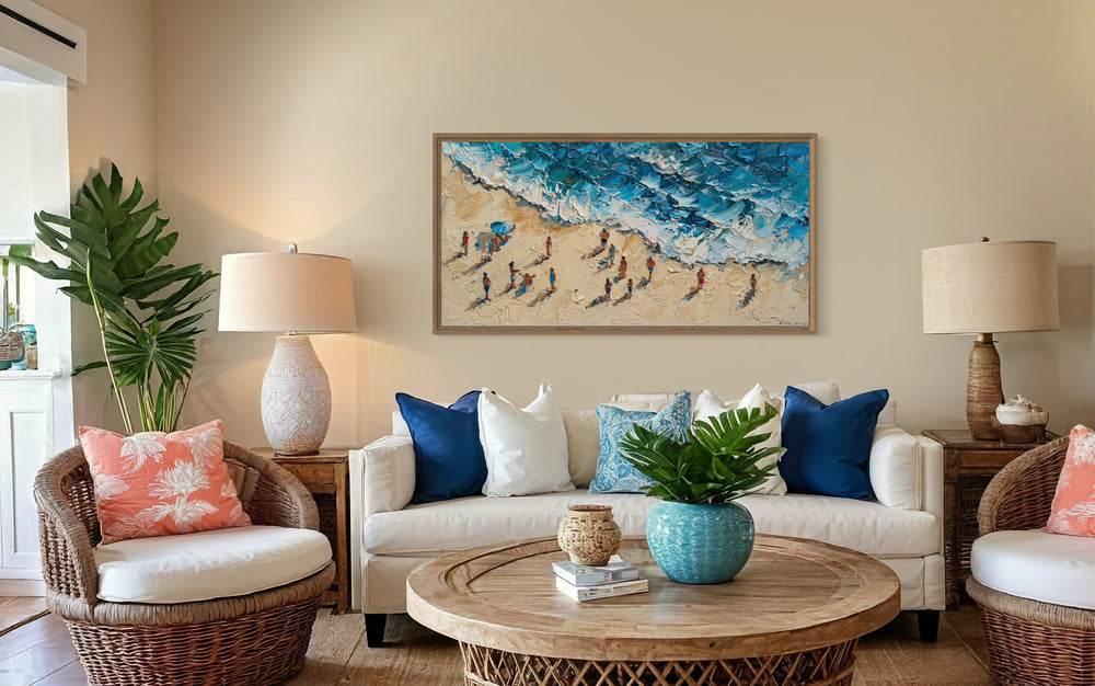 Framed canvas wall art depicting a vibrant, impressionist beach scene with figures.