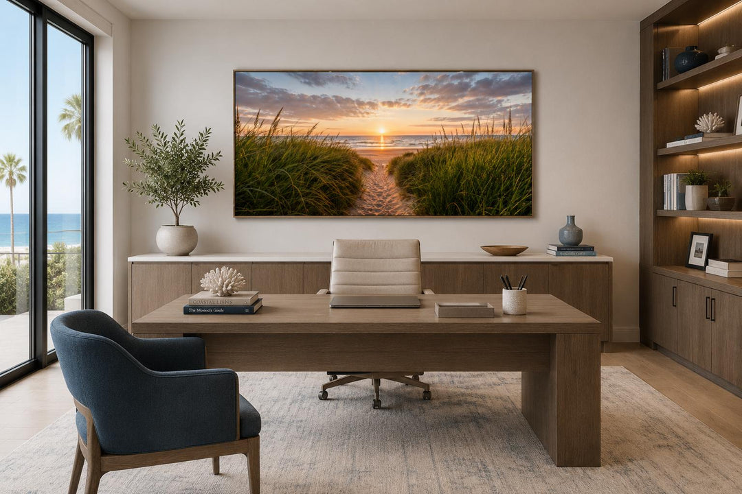 Beach Sunset, Grass And Sand Dunes Coastal Canvas Wall Art hanging in a modern home office.