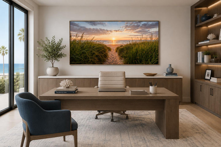 Beach Sunset, Grass And Sand Dunes Coastal Canvas Wall Art hanging in a modern home office.