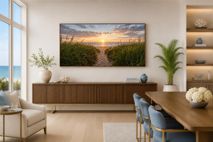Beach Sunset, Grass And Sand Dunes Coastal Canvas Wall Art hanging above a wooden sideboard.