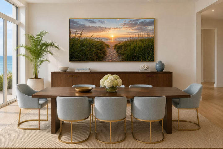 Beach Sunset, Grass and Sand Dunes Coastal Canvas Wall Art above a dining table.