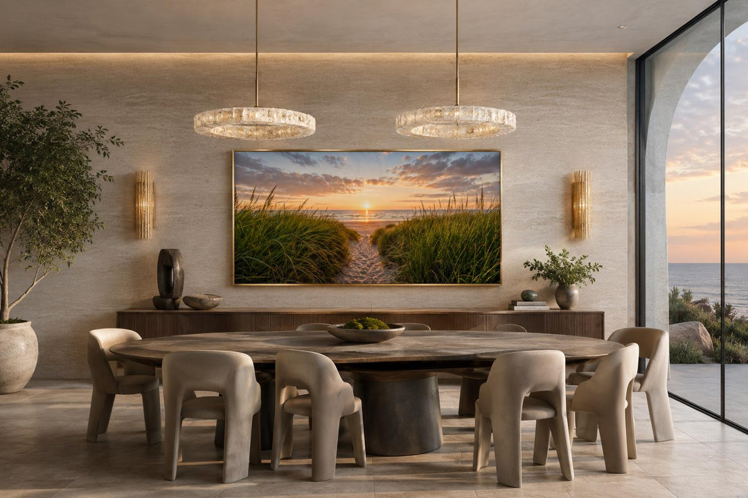 Beach Sunset, Grass And Sand Dunes Coastal Canvas Wall Art above a dining table.
