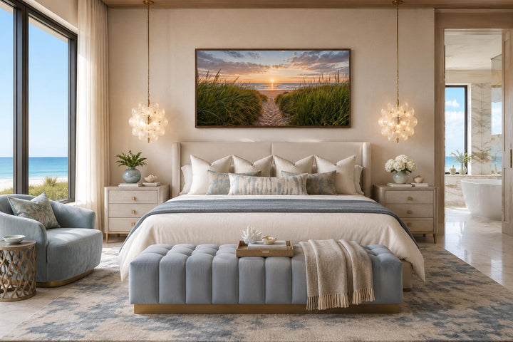 Beach Sunset, Grass And Sand Dunes Coastal Canvas Wall Art hanging above a bed in a neutral bedroom.