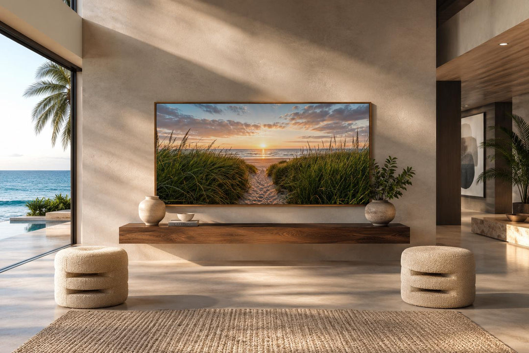 Beach Sunset, Grass And Sand Dunes Coastal Canvas Wall Art above a wooden console in a modern room.