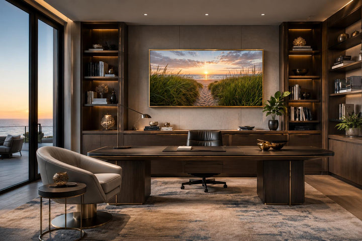 Beach Sunset, Grass And Sand Dunes Coastal Canvas Wall Art displayed in a modern home office.