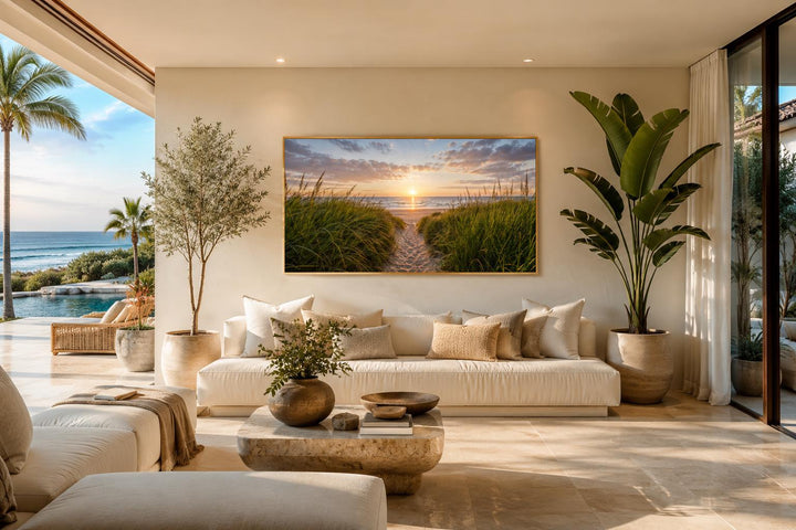 Beach Sunset, Grass And Sand Dunes Coastal Canvas Wall Art hanging above a neutral sofa.