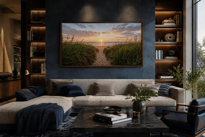 Beach Sunset, Grass And Sand Dunes Coastal Canvas Wall Art hanging above a sofa in a living room.