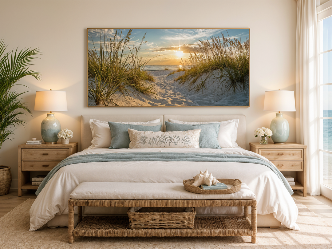 Framed beach sunset wall art featuring sand dunes and coastal grass above a bed in a coastal room.