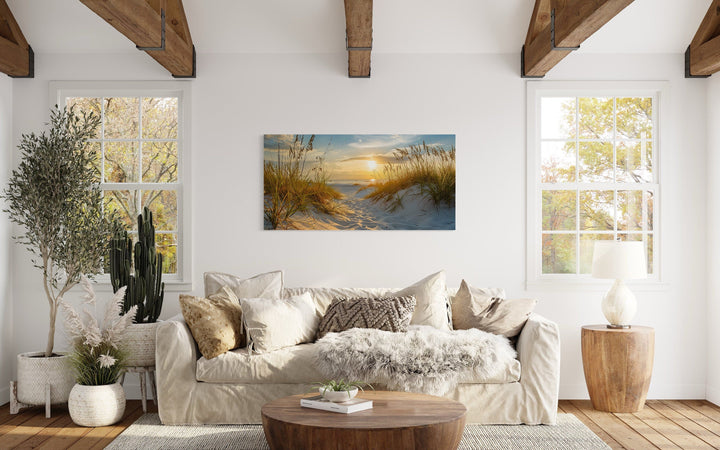 Beach Sunset Wall Art – Framed Sand Dunes Canvas | Coastal Wall Decor for Beach House
