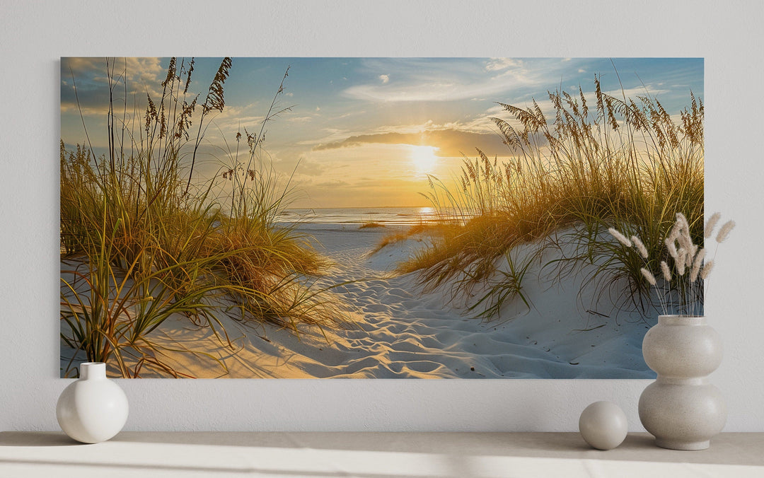 Beach Sunset Wall Art – Framed Sand Dunes Canvas | Coastal Wall Decor for Beach House