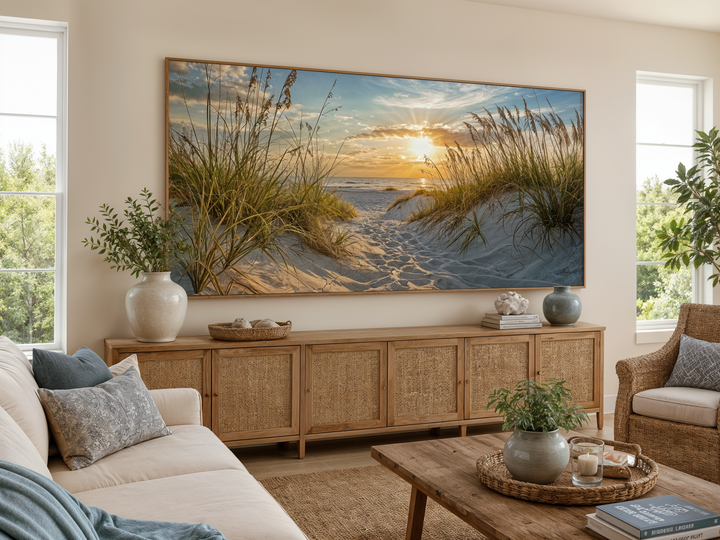 Large framed canvas wall art of a beach sunset over sand dunes in a coastal living room.