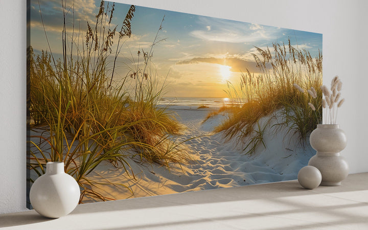 Beach Sunset Wall Art – Framed Sand Dunes Canvas | Coastal Wall Decor for Beach House
