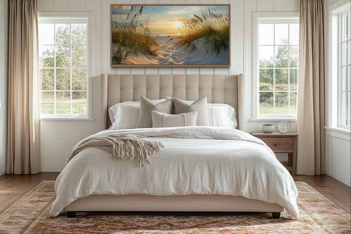 Beach Sunset Wall Art – Framed Sand Dunes Canvas | Coastal Wall Decor for Beach House