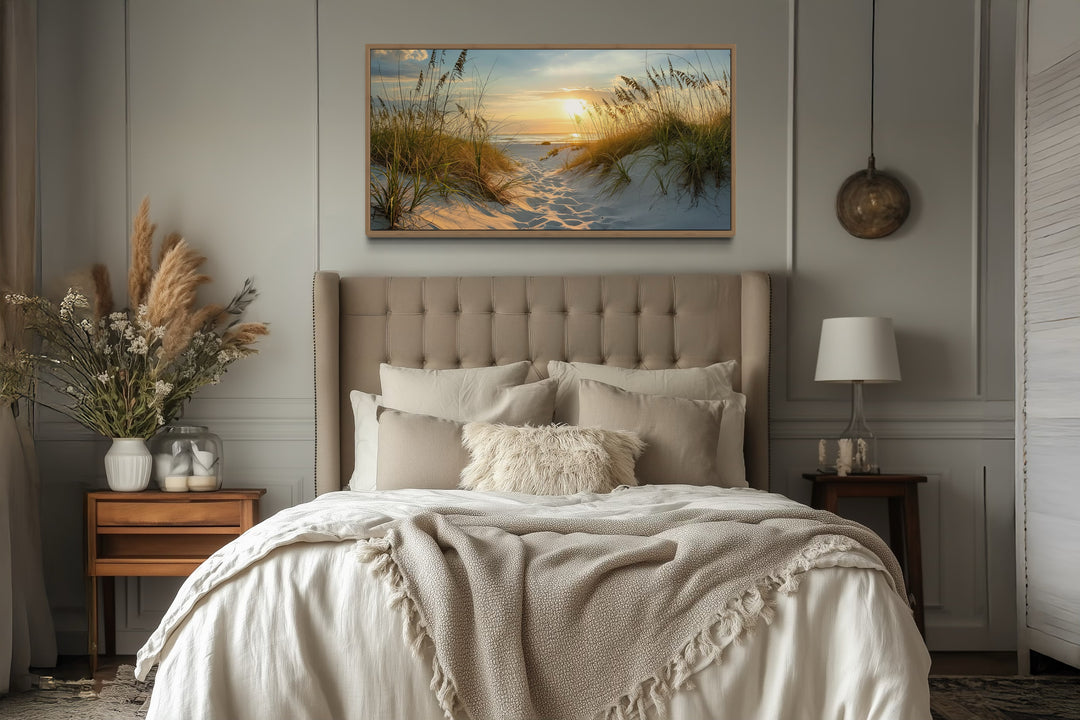 Beach Sunset Wall Art – Framed Sand Dunes Canvas | Coastal Wall Decor for Beach House