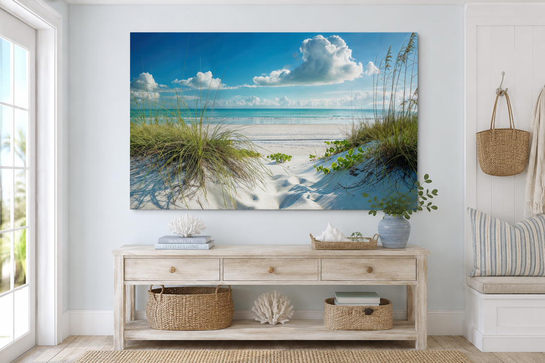Coastal framed canvas wall art featuring sand dunes, beach grass, and blue ocean under a sunny sky.