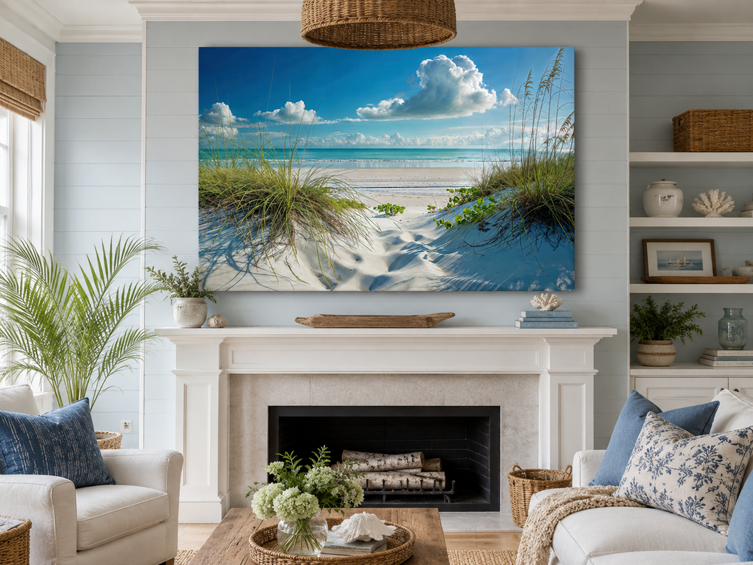 Coastal framed canvas wall art of sand dunes and grass on a beach above a white fireplace mantel.