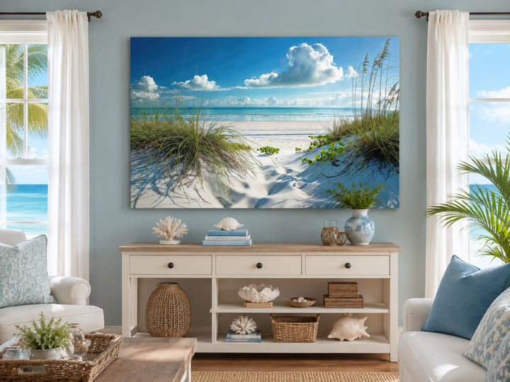 Coastal framed canvas wall art featuring sand dunes and grass under a blue sky in a living room.