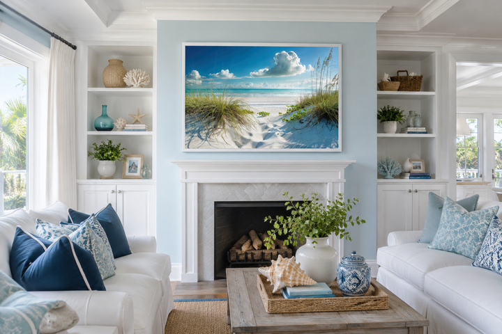 Framed canvas wall art of sand dunes and grass on a beach above a white fireplace in a living room.
