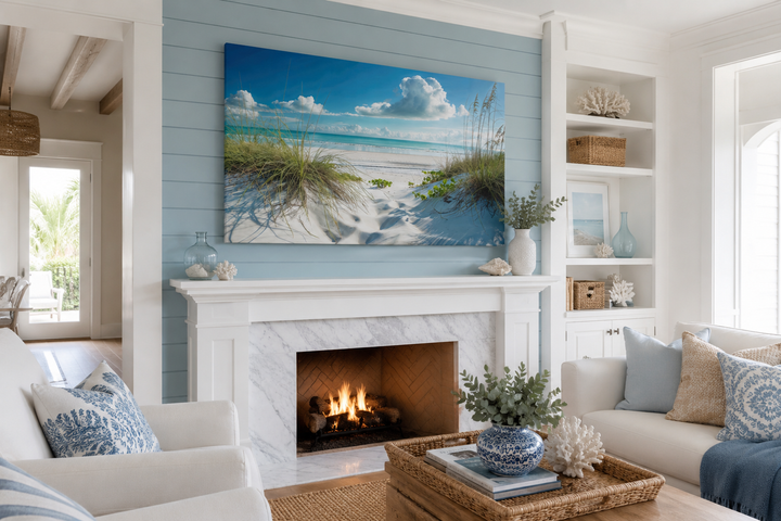 Beach wall art of sand dunes and grass on a beach, framed canvas above a white marble fireplace.