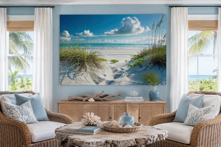 Coastal framed canvas wall art featuring sand dunes and grass on a beach under a blue sky.