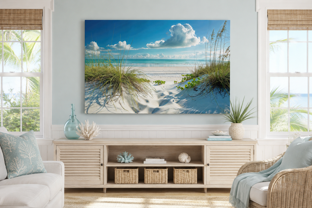 Coastal framed canvas wall art featuring sand dunes and grass on a beach under a blue sky.