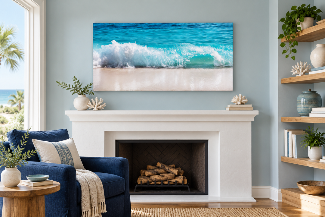 Ocean wave on the beach photography coastal framed canvas wall art above a white fireplace.
