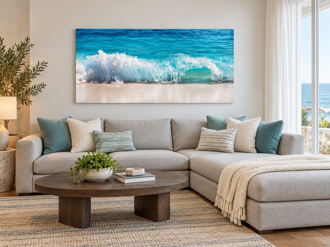 Ocean wave photography coastal framed canvas wall art above a grey sectional sofa in a living room.