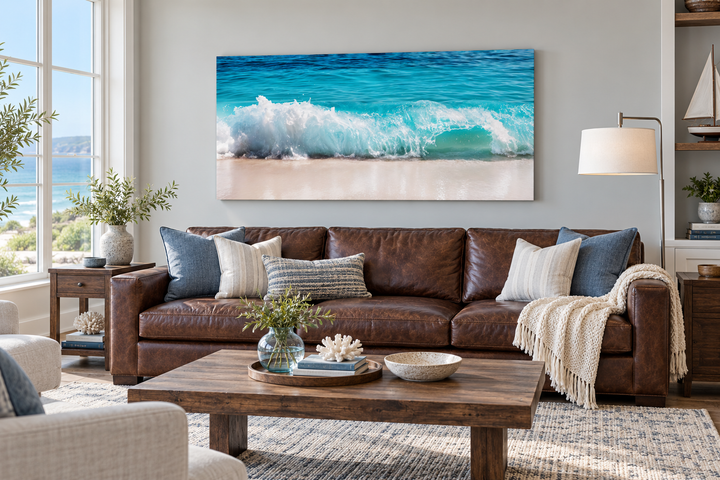 Ocean wave photography coastal framed canvas wall art above a brown leather sofa in a living room.
