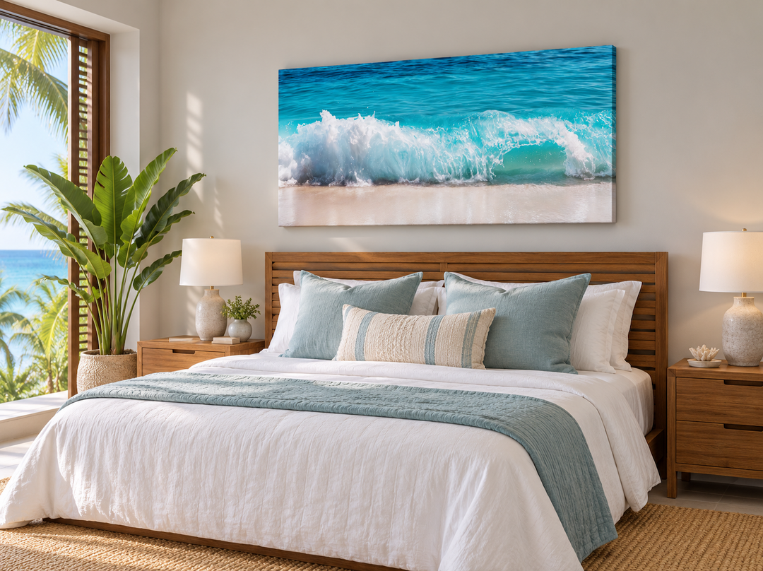 Ocean wave photography coastal framed canvas wall art hanging above a bed in a tropical bedroom.