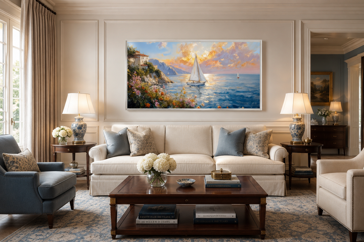 Modern coastal framed canvas print of a sunset seascape with sailboats above a living room sofa.